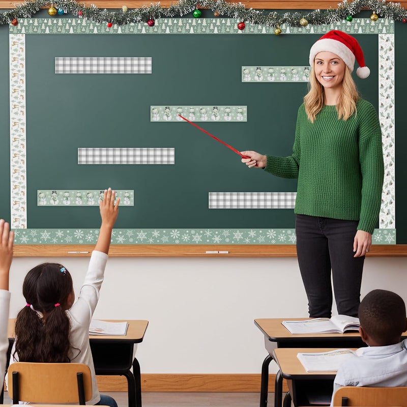 CPicdn Store 24Pcs Christmas Classroom Magnetic Bulletin Board Borders Decoration Set, Christmas Sage Snowflakes Snowman Border Trims Green Classroom Chalkboard Supplies Wall Door Xmas Winter Party Decor - Image 5